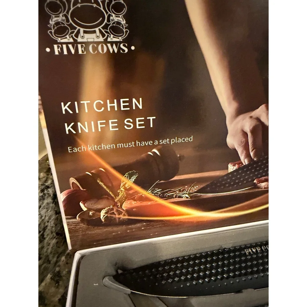 Five Cows 6 Piece Kitchen Knife Set Black Non Stick Stainless Steel Wood Grain